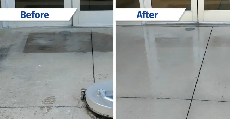 Before and after pressure washing of a concrete driveway and walkway in Asheville